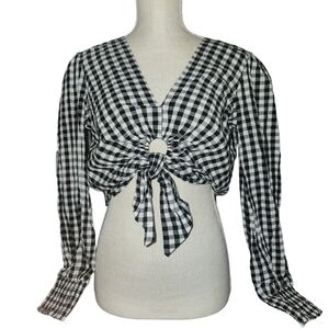 Juniors' SO® Keyhole Tie Front Woven Blouse Black & White - Medium